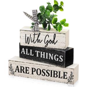 Geelin 4 Pcs Christian Wooden Sign Farmhouse Rustic Eucalyptus Leaves Wood Block Sign Table Centerpiece Religious Tiered Tray Decor Centerpiece Decor for Home Summer