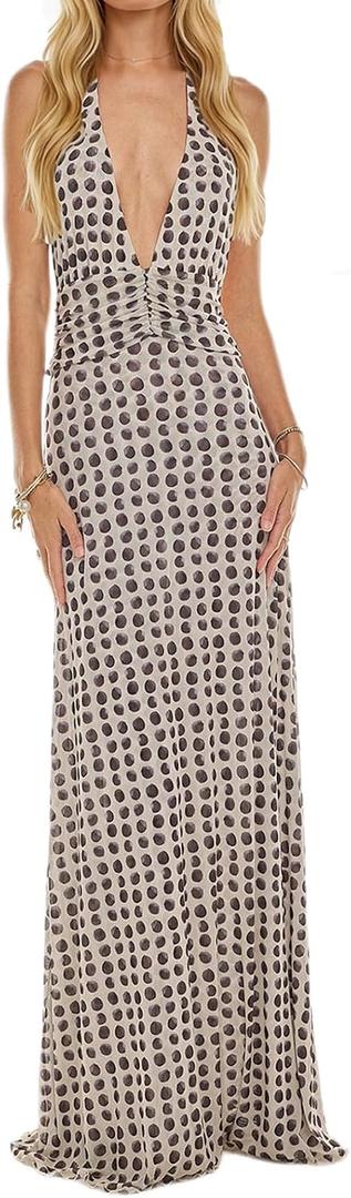 Womens Halter Floral Maxi Dress Deep V Neck Backless Bodycon Long Dresses Y2k Formal Cocktail Going Out Beachwear M