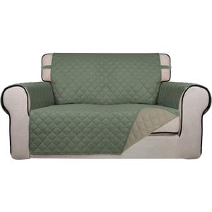 PureFit Reversible Quilted Sofa Cover, Water Resistant Slipcover Furniture Protector, Washable Couch Cover with Non Slip and Elastic Straps for Kids, Dogs, Pets (Loveseat, Greyish Green/Beige) (Medium)