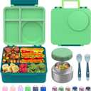 Bento Box for Kids - Leak-Proof Bento Lunch Box with Insulated Thermos Food Jar - 4 Compartments, 1 Removable Divider, 1Spoon, 1 Fork - Dishwasher Safe, BPA-Free (Green)