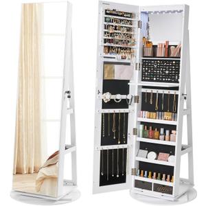 SONGMICS 6 LEDs Lockable Mirror Jewelry Cabinet, 360 Swivel Jewelry Organizer Armoire Standing, Frameless Full-Length Mirror, 3 Storage Shelves, White Surface, Black Lining UJJC007W01
