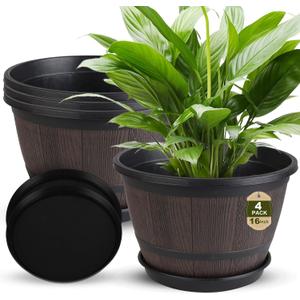 Myfeegoin 16-inch-Large-Pots-for-Plant-Outdoor, 4 Pack Plastic Whiskey Barrel Planters Plant Pots with Drainage Hole & Saucer, Decorative Indoor Flower Pot for House Garden Porch