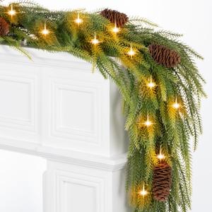 9FT Norfolk Pine Garland with Lights, Lighted Christmas Garland with Timer & 8 Lights Modes- Prelit Battery Operated Pine Garland with Pinecones for Mantle Table Fireplace Door Staircase Decorations