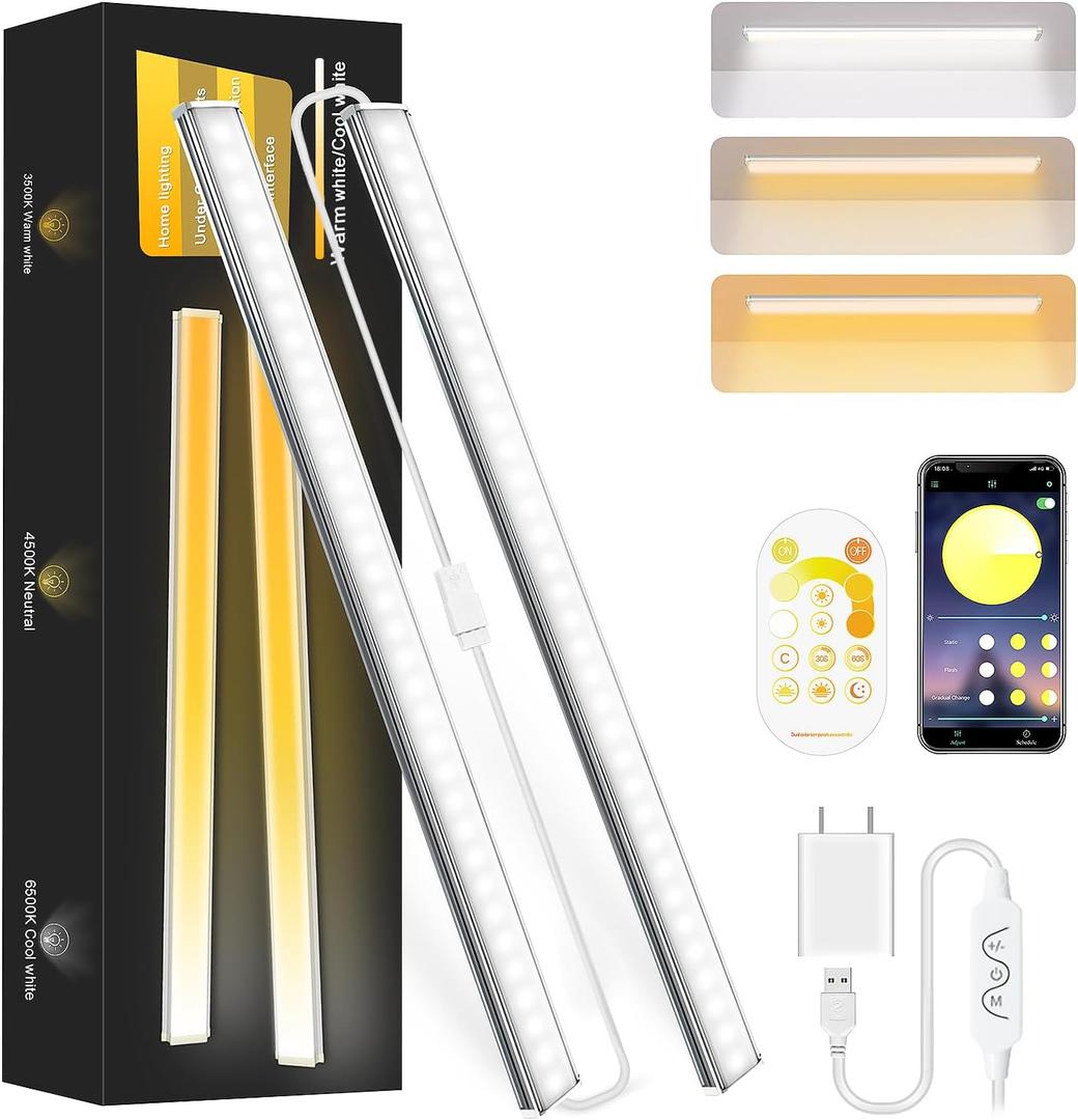 Daymeet Under Cabinet Lights, Bright Ultra Thin 12 Inch LED Cabinet Lighting Under Cabinet Light for Kitchen, 3 Color with Remote and APP Control, USB LED Lights for Closet, Home(2 Pack)