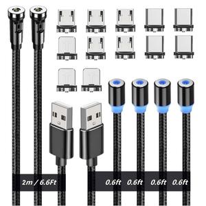Magnetic Charging Cables, Magnetic Charging Tips 3in1 540 Rotation Cable Sets for Smartphones (0.6ft+6.6ft)/Black/3in1, 6pcs