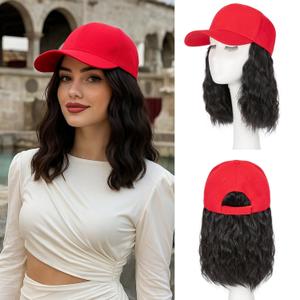 MY-LADY Hat Wig Hat with Hair Attached for Women Baseball Cap with Hair Extensions Adjustable Short Wavy Synthetic Hairpiece 8" Red Cap to 06