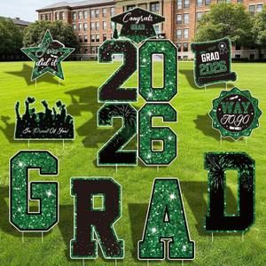 Graduation Yard Signs Class of 2026 Decorations, 11pcs Green and Black Congrats Grad 2026 Lawn Yard Sign with Stakes, 2026 Sign for High School College Indoor Outdoor Graduation Party Decor Supplies