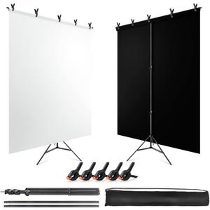 Black White Backdrop Screen with Stand Kit for Photo Video Studio Filming 5X6.5ft, Black Backdrop White Photo Curtain Background with T Shape Stand and 5 Spring Clamp for Photography Party Decorations