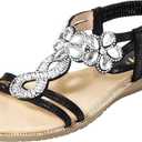 ZriEy Women's Open Toe Flat Sandals Beach Sandals Beaded Flower Rhinestone Flat Sandals Low Heels Dress Wedding Party Driving Shopping Travel Shoes Black Size 5