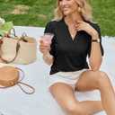 Uhiger Black Shirts for Women Button Up Shirt Henley V Neck Embroidered Eyelet Puff Sleeve Lady Tops Summer Outfits (L)