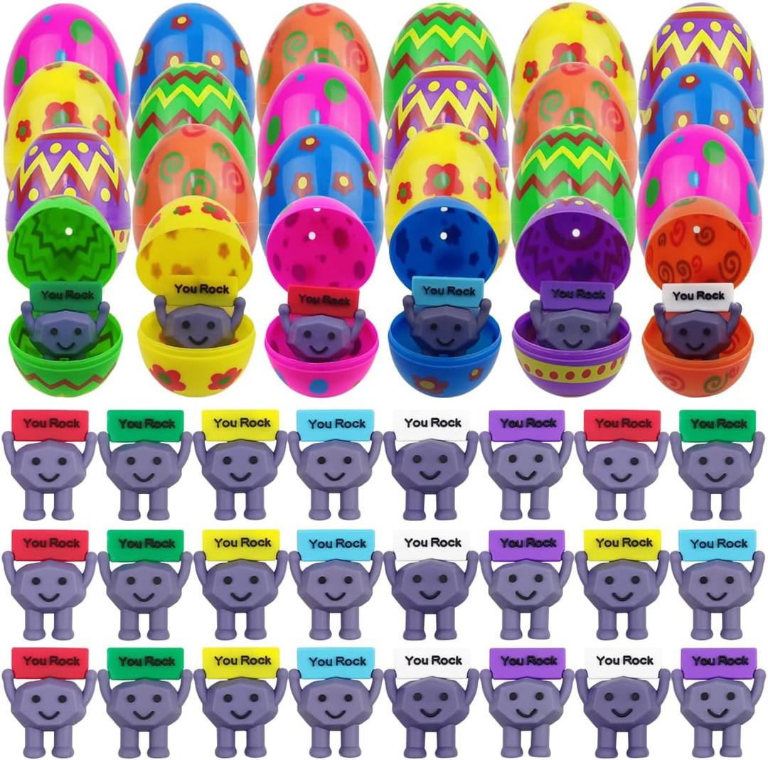 24 Pack Prefilled Easter Eggs with Mini Rubber You Rock Toys Inside Positive Mini Figures for Kids Girls Boys Easter Basket Stuffers Gifts Party Favors