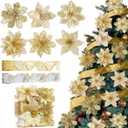 Sggvecsy 26 Pcs 6 Styles Christmas Glitter Poinsettia Flowers Artificial Christmas Tree Ornaments Flower Decorations with 16 Yards 2 Rolls Christmas Tree Ribbons Sticks for Xmas DIY Crafts Wreath (Gold)