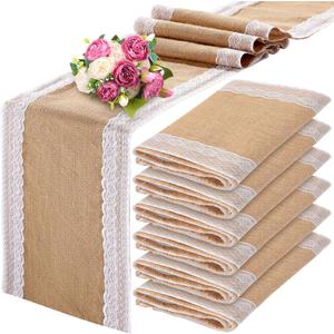 Tatuo 6 Pcs Lace Burlap Table Runner 12'' x 72'' Rustic Jute Hessian Farmhouse Country Vintage Romantic Fabric Cloth for Country Wedding Birthday Party (Cute)