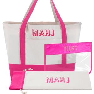 3 Pcs Empty Mahjong Canvas Bag Gift Embroidered American Mahjong Set Incl Tiles Bag and Racks & Pushers Drawstring Bags(Pink)