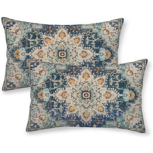Boho Pillow Covers 12x20 Set of 2, Light Blue Beige Carpet Pattern Outdoor Decorative Throw Pillows Vintage Linen Ethnic Rustic Farmhouse Cushion Cases for Couch Sofa Decor