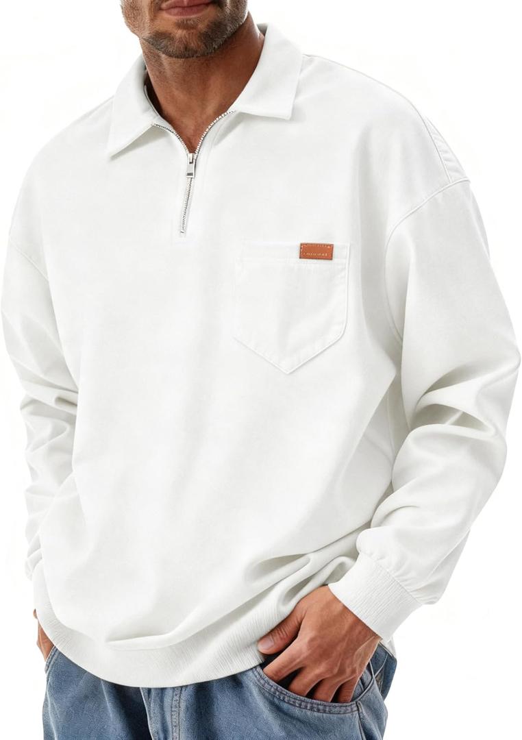 Yousify Men's Long Sleeve Polo Shirts Quarter Zip Casual Lightweight Cotton Pullover Top (X-Large, White)