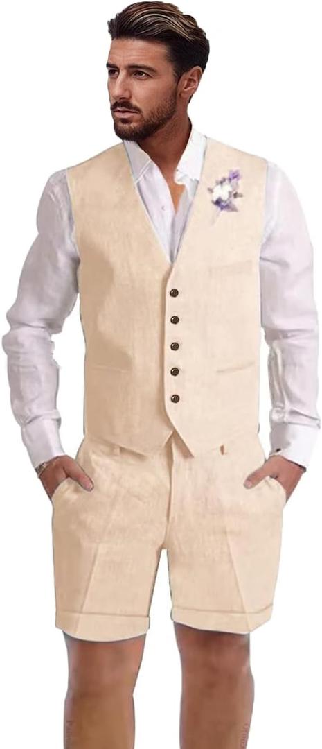 Mens Linen Suit 2 Piece Short Suits for Men Casual Summer Beach Wedding Suit Linen Vest Shorts Set (X-Large, Champagne)