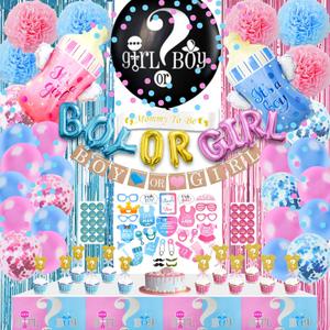 124 Pcs Gender Reveal Decorations Kit, Party Supplies With 36'' Balloon, Boy OR Girl Foil Balloon, Paper Pompoms, Tablecloth, Photo Props