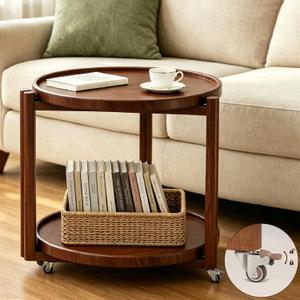 Taitiy Rolling Side Table with Wheels, Small Solid Wood Round End Table, 21.5 inch