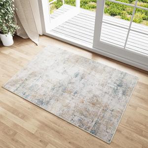 2x3 Ft Washable Area Rug Beige Blue Neutral Abstract Entryway Kitchen Non Slip Low Pile Throw Rug Living Room Bedroom Indoor Doormat Small Soft Carpet for Entrance Bathroom