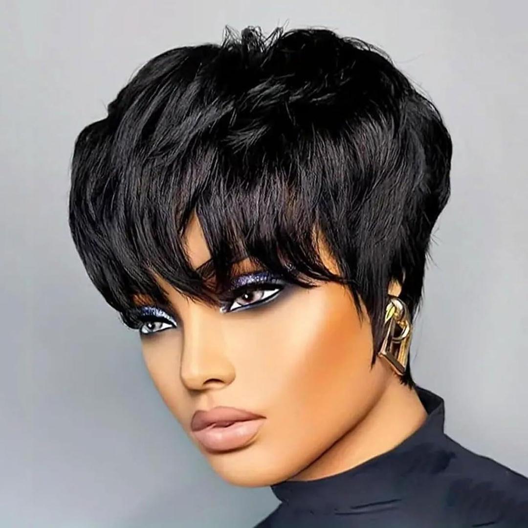 Short Pixie Wigs for Black Women Pixie Cut Human Hair Wigs for Women Black Color Lightweight Glueless Short Layered Pixie Wig Easy to Throw on and go