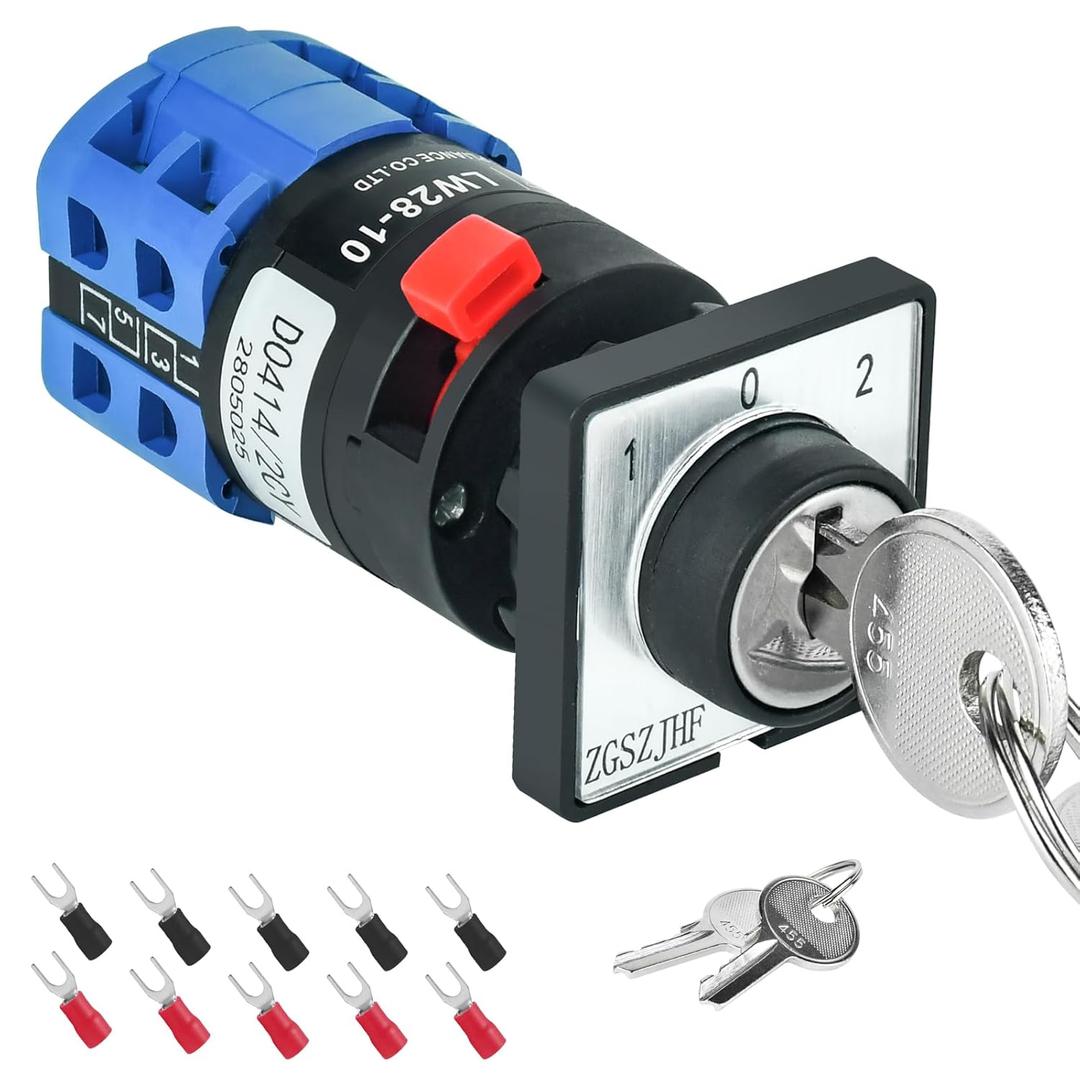3 Position Key Switch 10Amp 690V AC 16MM 2-Ways Rotary Switch with Key Latching Keylock 8 Terminals Changeover Switch 2 Normally Open Split Type