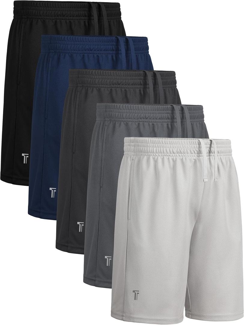 Tuliara 5 Pack Boys Athletic Shorts Mesh Running Shorts Quick Dry for Teen Kids Basketball Soccer Sport, Drawstring Waist Set, Medium, Black, Dark Gray, Navy Blue, Gray, Pale Gray
