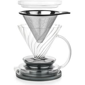 Pour Over Coffee Maker Borosilicate Glass Dripper with Stainless Steel Reusable Filter, Manual Eco Brewer, Plastic-Free Non-Toxic Coffee Station, Innovation Infuser for Daily Brewing