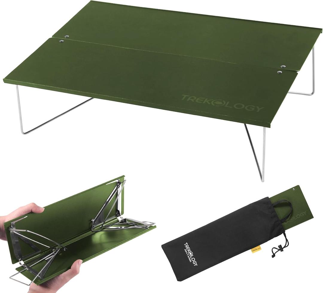 TREKOLOGY Compact Mini Camping Table  Portable, Ultralight, Folding Design  Small, Lightweight Surface for Hiking, Backpacking, Beach, or Nightstand Use  Collapsible Outdoor Gear (Green)