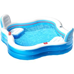 QPAU Inflatable Swimming Pool with 2 Seats and Backrests, 80" L x 80" W x 27" D Large Full-Sized Family Pools for Kids and Adults for Backyard, Garden, Outdoors, Blue