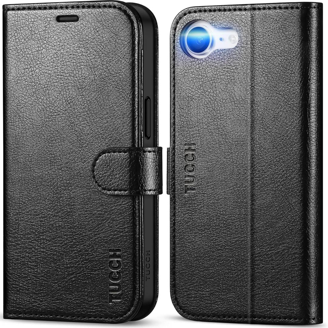 TUCCH Case Wallet for iPhone 16e, Stand [RFID Blocking] 4 Card Slots [Protective TPU Interior Case], PU Leather Magnetic Shockproof Flip Cover Compatible with iPhone 16e, Textured Black