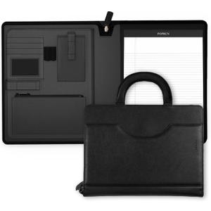 POPRUN Portfolio Binder with Zipper, Leather Padfolio Document Organizer with Storage, Professional Business Briefcase ideal for Meeting Presentation Work-Includes 50 Sheet Writing Pad, Black
