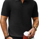 PJ PAUL JONES Mens Polo Shirts Short Sleeve V Neck Knit Textured Polo Knitted Golf Shirt (Small, Black)