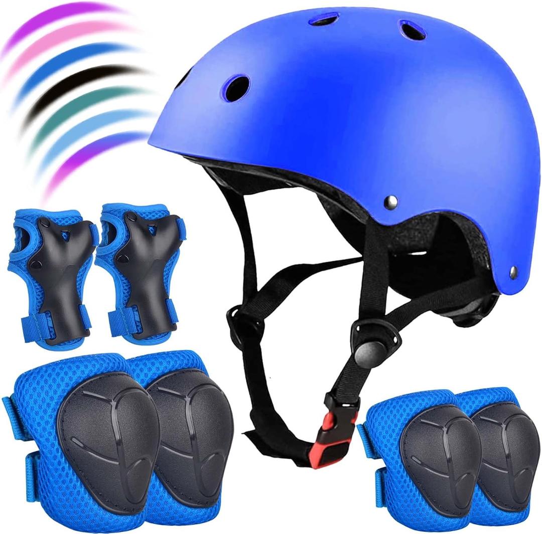 Kids Bike Helmet Set Adjustable for Children, Boys, Girls and Teenagers Aged 3-8 Years Includes Elbow, Knee, Wrist Guards Children's Helmet Protection Set for Bikes SkateboardsRollerskates (blue)