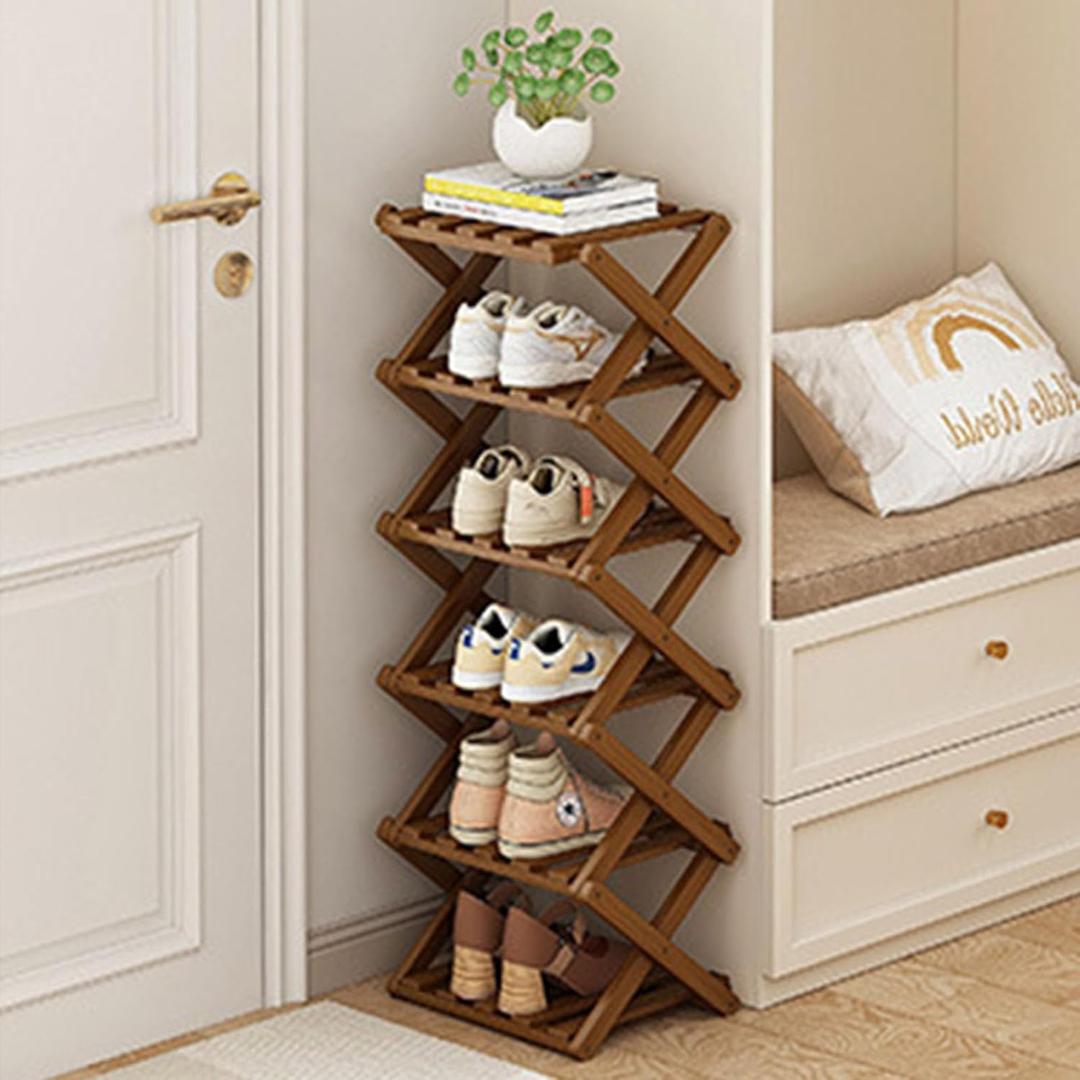 YYW Shoe Rack, Foldable Bamboo Shoes Shelf, Freestanding Shoe Storage Organiser for Entryway, Hallway, Bedroom, Closet (Brown, 6 Layers)