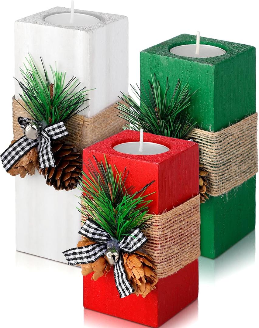 Sliner 3 Pcs Christmas Candle Holders with Candles Wooden Xmas Tealight Candle Holders Decorations Red White Green Votive Wood Candlestick for Christmas Table Centerpiece Decor Xmas Gifts