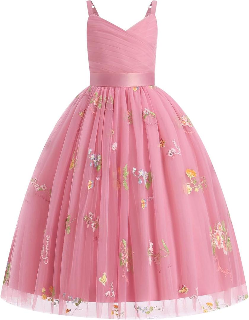 IBTOM CASTLE Flower Girls Dress Spaghetti Strap Long A Line Formal Wedding Pageant Princess Birthday Party Dance Gown (Dusty Pink-floral)