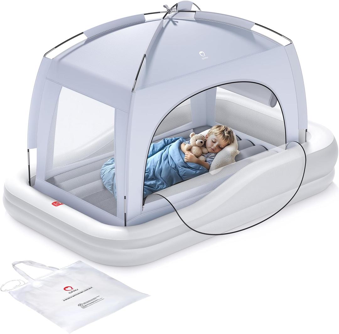 QPAU Inflatable Toddler Travel Bed with Tent, Baby Crib Tent, Portable Kids Air Mattress with Safety Bumpers, Ideal for Home, Grandma's, Camping, Traveling (Grey, 66.9"L x 52.7"W x 13.3"H)