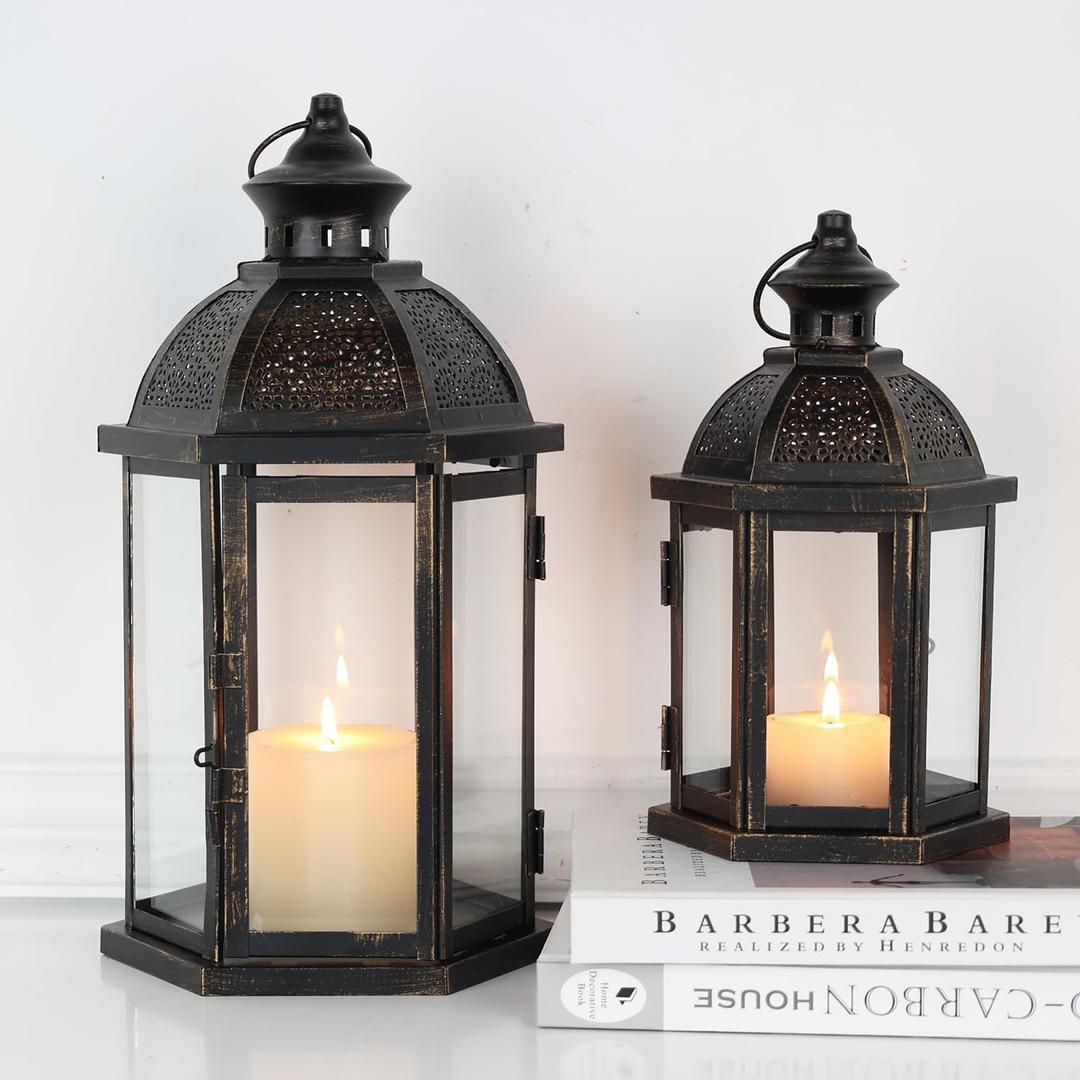 Large Lantern Decorative Outdoor & Indoor, Set of 2 (15&11) Metal Candle Lanterns Decor, Vintage Hanging Candle Holder for Front Porch Patio Wedding Farmhouse Home, Spring Decoration (Black / 14.6''h+10.8''h)