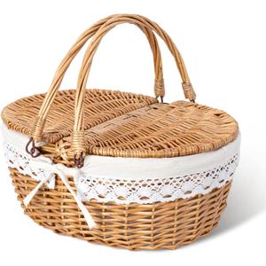 GRANNY SAYS Picnic Basket, Wicker Basket with Lid, Woven Cute Basket with Handle, Storage Basket with Washable Lining & Dual-Flid Lid, Natural Willow Picnic Hamper, White Lining