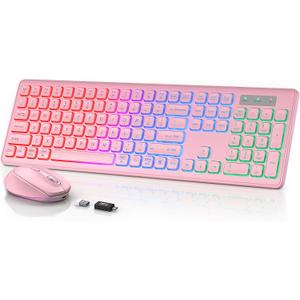 Wireless Keyboard and Mouse Backlit, Quiet Light Up Keys, Tilt Legs, Sleep Mode - Rechargeable USB Cordless Combo for Computer, iMac, PC, Laptop - by SABLUTE (Rose Pink)
