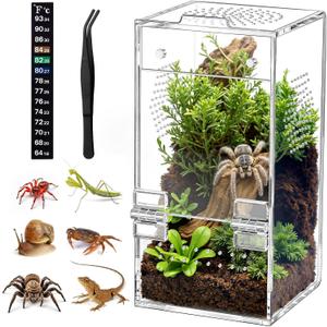 Pre-Assembled Jumping Spider Enclosure, Acrylic Terrarium with Magnetic Door & All-Side Ventilation, Habitat for Spiderling, Mantis, Tarantula, Snail, 3.5"3.5"7" (Tweezer & Temp Sticker Included) (Vertical)