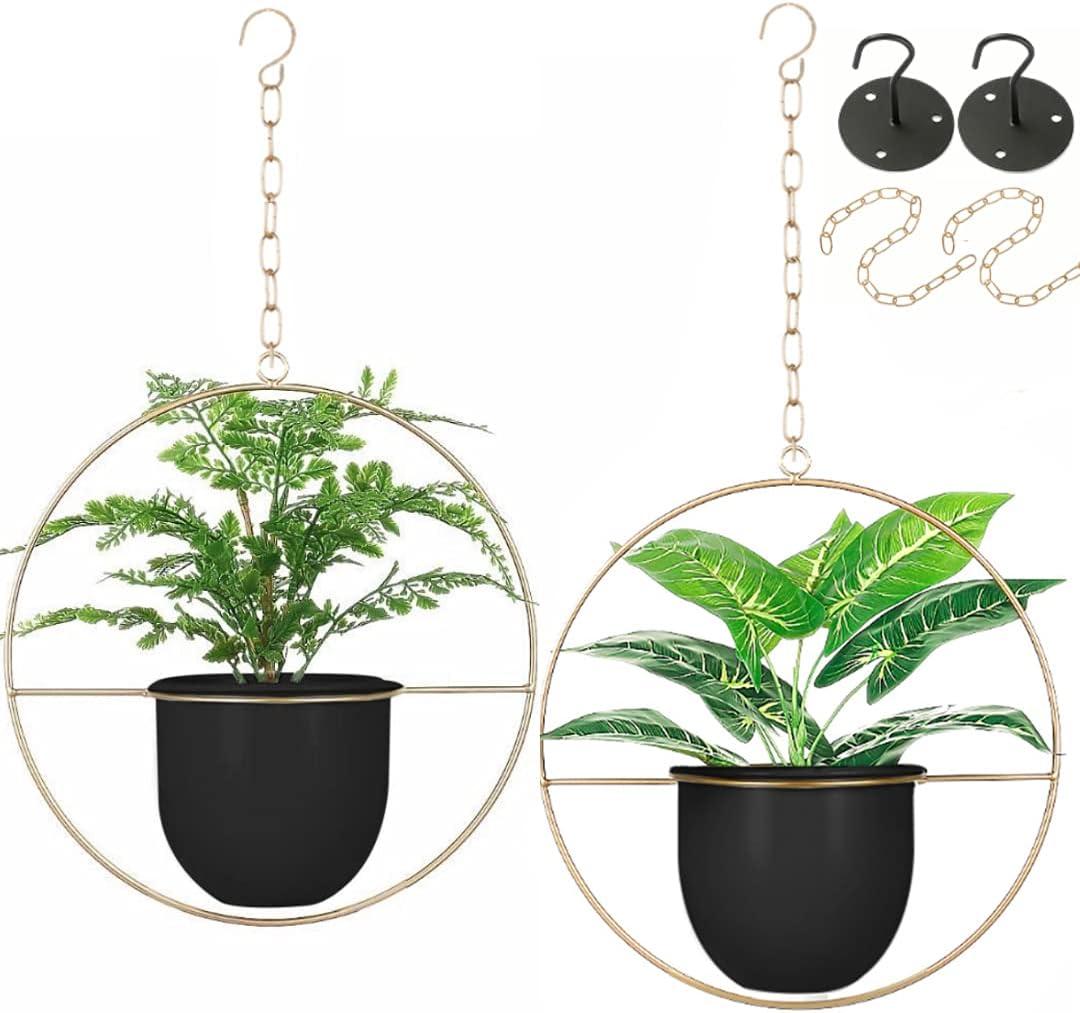 2 Pack Hanging Planters for Indoor Plants with 5.5" Pot + Ceiling Hook + Extender Chain | Hanging Plant Holder, Metal Minimalist Planter, NO Plant incld (Black & Gold)