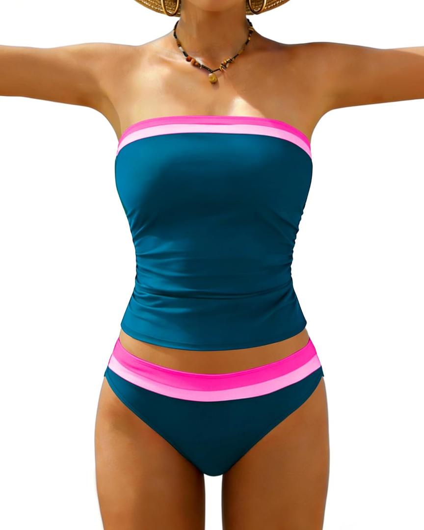 Jolefille Tankini Swimsuits for Women Two Piece Strapless Bandeau Bathing Suits Tops Full Coverage Modest Swim Suits 2026 (X-Large, Peacock Blue 2)