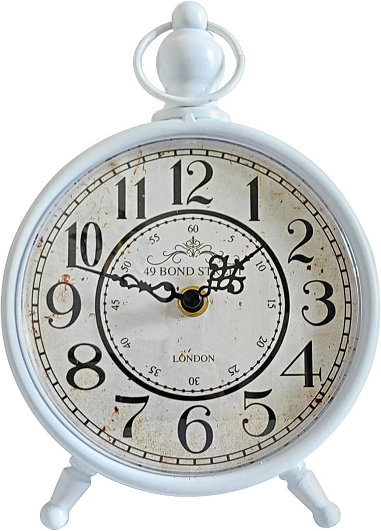 HZDHCLH Vintage Table Clock Battery Operated,Retro Mantel Clock for Living Room Fireplace Decor,Silent Metal Desk Clock,Farmhouse Shelf Clock (White)