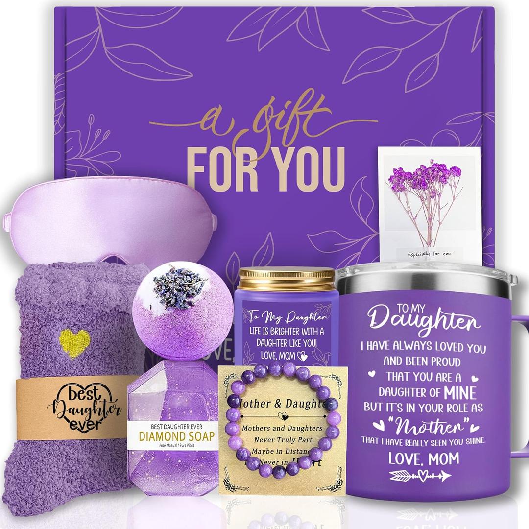 Gift for Daughter Valentines Day Care Package, Birthday Gifts for Adult Daughter from Mom Dad Lavender Candle Relaxing Spa Basket, Unique Self Care Get Well Soon Gift