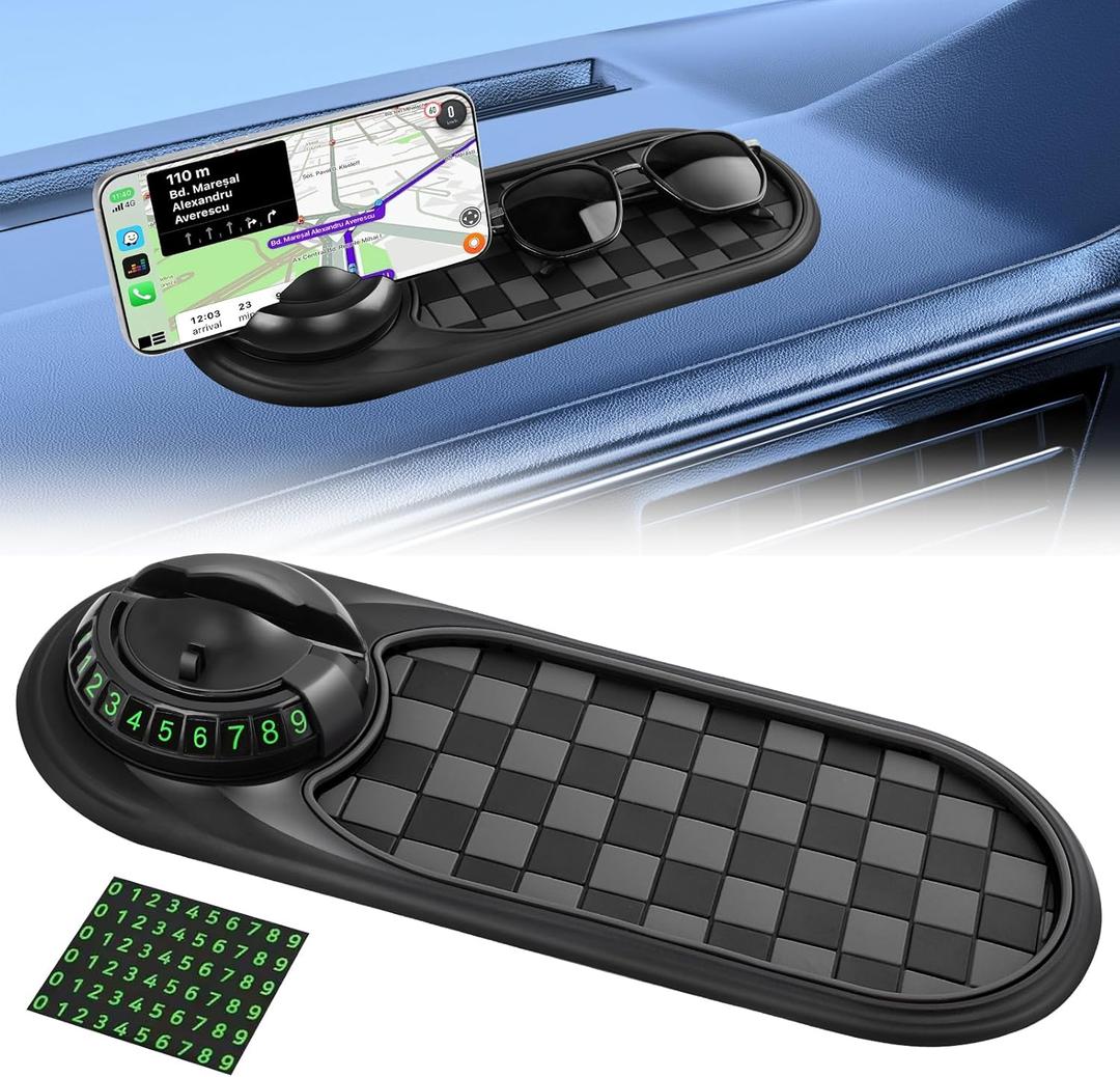 Multifunction Car Anti-Slip Mat Auto Phone Holder, Car Anti Slip Mat Phone Holder, Rotatable Anti Skid Car Dashboard Pad with Temporary Parking Number,Large Pad for Sunglasses Keys(Gray-Black)