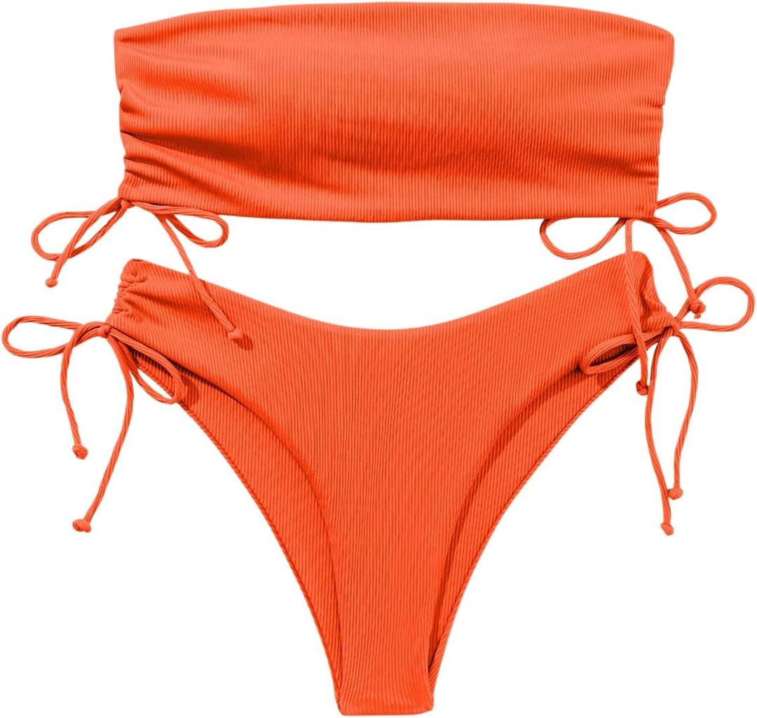 Swim Suits for Women 2025 Strapless Bathing Suits Bandeau Bikini Set 2 Piece (Medium, Orange)
