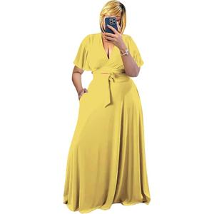 Yellow Plus Size Women's 2 Piece Outfits Casual Short Ruffle Sleeve Wrap Crop Top Maxi Long Dress Flowy Matching Sets, 2XL
