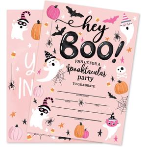 Whaline 25 Sets Halloween Boo Invitations with Envelopes Stickers Pink Ghost Pumpkin Invitation Cards Blank Invites for Birthday Party Supplies, 5 x 7 Inch